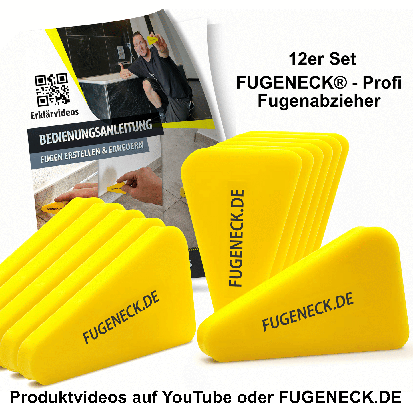 12er Set FUGENECK® - Profi Fugenabzieher zum Abziehen von Silikonfugen - Innovatives Design für 3 verschiedene Fugengrößen - Acryl und Silikon Werkzeug aus Deutschland