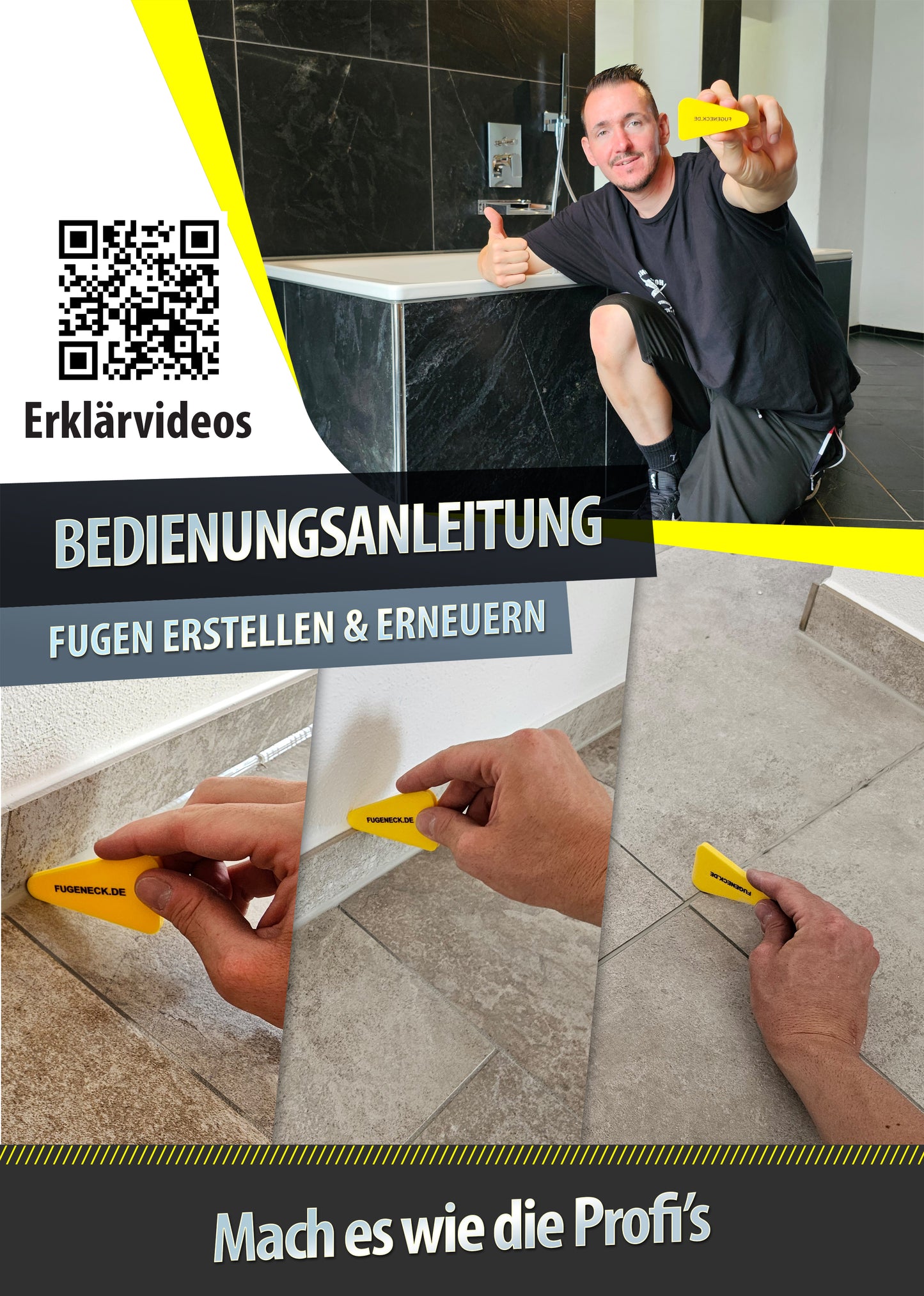 6er Set FUGENECK® - Profi Fugenabzieher zum Abziehen von Silikonfugen - Innovatives Design für 3 verschiedene Fugengrößen - Acryl und Silikon Werkzeug aus Deutschland