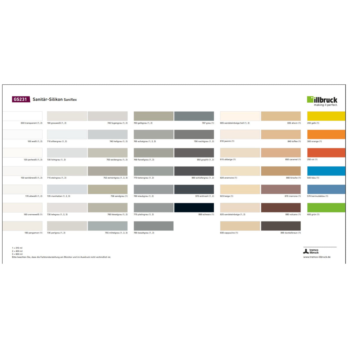 Illbruck GS231 Sanitärsilikon Farbkarte – alle Farben