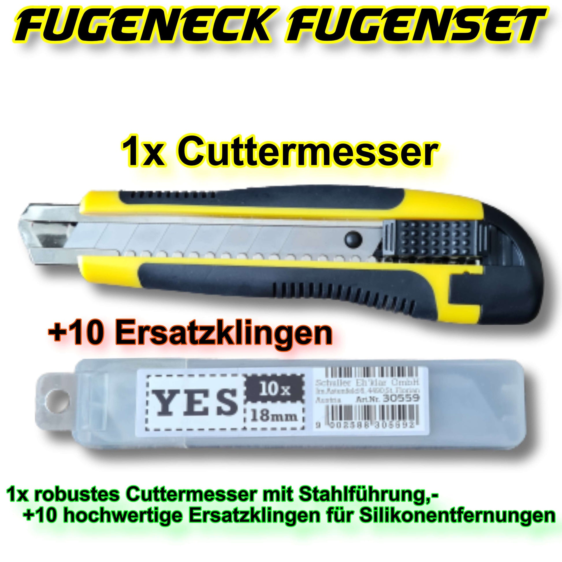 Fugeneck Fugenset mit Fugenabzieher, Glättmittel, Kartuschenpresse, Pinsel, Cuttermesser+10KlingenFugeneck.deFugeneck
Für PayPal Express Checkout ohne Anmeldung im Shop, klicken Sie bitte auf weitere Bezahlmöglichkeiten ⬆

 
Das einzigartige FUGENECK Fugen-Set besteht aus einem 2,5Fugeneck Fugenset mit Fugenabzieher, Glättmittel, Kartuschenpresse, Pi