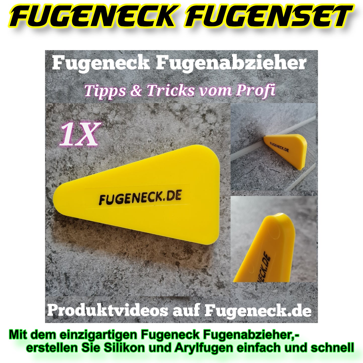 Fugeneck Fugenset mit Fugenabzieher, Glättmittel, Pinsel, Cuttermesser+10KlingenFugeneck.deFugeneck
Für PayPal Express Checkout ohne Anmeldung im Shop, klicken Sie bitte auf weitere Bezahlmöglichkeiten ⬆

 
Das einzigartige FUGENECK Fugen-Set besteht aus einem 2,5Fugeneck Fugenset mit Fugenabzieher, Glättmittel, Pinsel, Cuttermesser