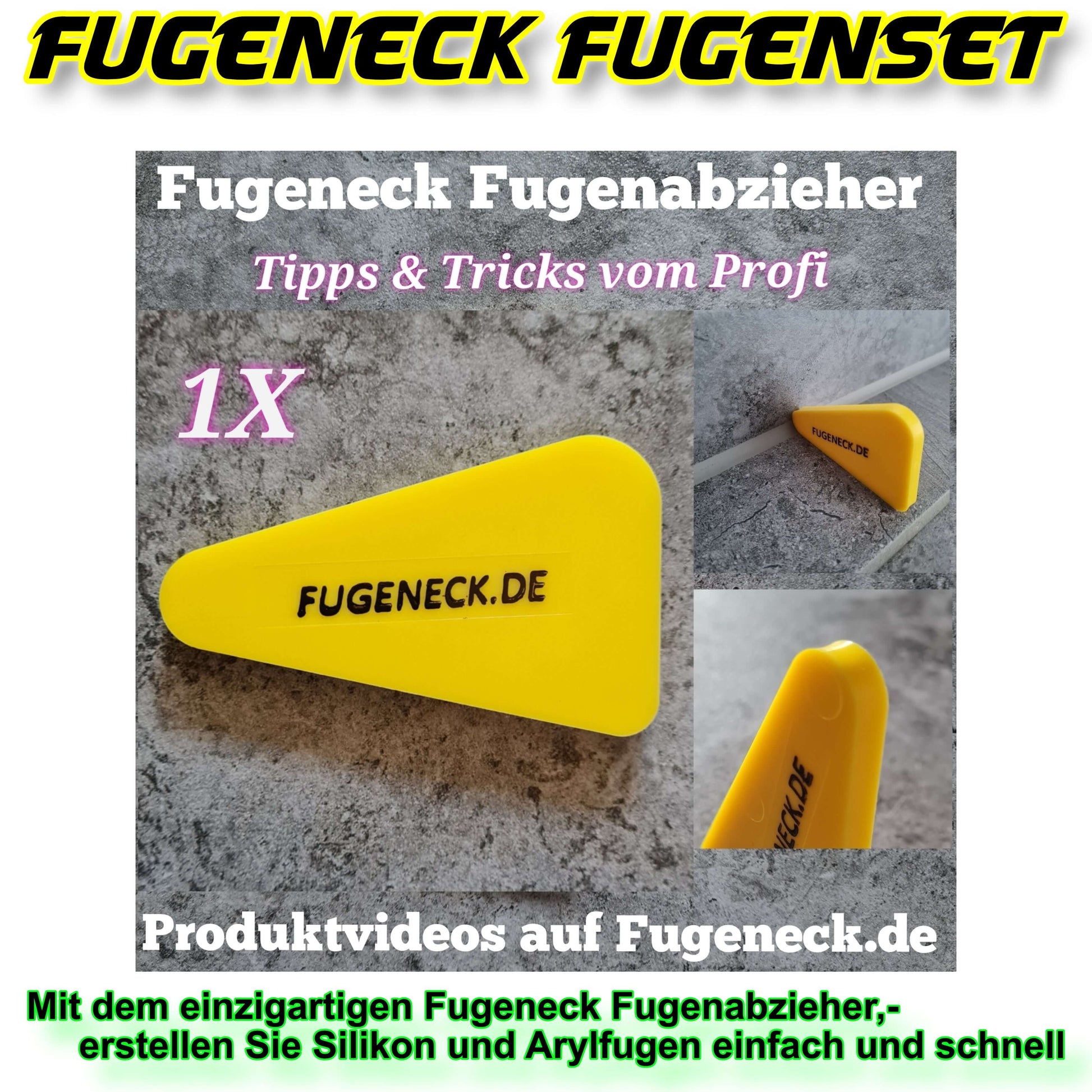 Fugeneck Fugenset mit Fugenabzieher, Glättmittel, Kartuschenpresse, Pinsel, Cuttermesser+10KlingenFugeneck.deFugeneck
Für PayPal Express Checkout ohne Anmeldung im Shop, klicken Sie bitte auf weitere Bezahlmöglichkeiten ⬆

 
Das einzigartige FUGENECK Fugen-Set besteht aus einem 2,5Fugeneck Fugenset mit Fugenabzieher, Glättmittel, Kartuschenpresse, Pi