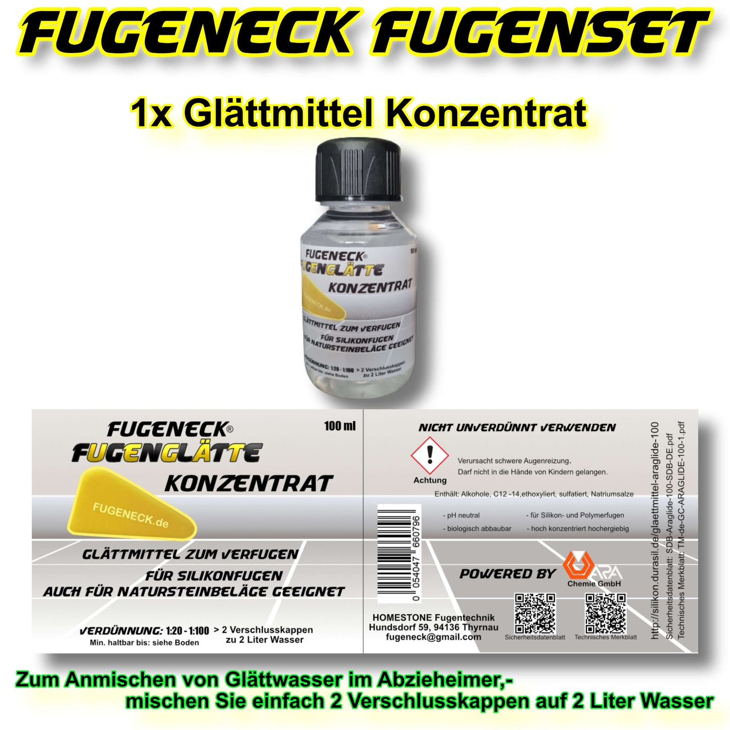 Fugeneck Fugenset mit Fugenabzieher, Glättmittel, Kartuschenpresse, Pinsel, Cuttermesser+10KlingenFugeneck.deFugeneck
Für PayPal Express Checkout ohne Anmeldung im Shop, klicken Sie bitte auf weitere Bezahlmöglichkeiten ⬆

 
Das einzigartige FUGENECK Fugen-Set besteht aus einem 2,5Fugeneck Fugenset mit Fugenabzieher, Glättmittel, Kartuschenpresse, Pi