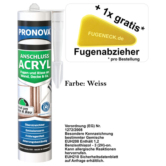 (9,97€/Fugeneck.deFugeneck
Für PayPal Express Checkout ohne Anmeldung im Shop, klicken Sie bitte auf weitere Bezahlmöglichkeiten ⬆

 

Pronova Anschlussacryl 300ml. 9,97€/L + 1* Fugeneck Fuge(9,97€/L) 300ml Pronova Anschlussacryl +1 Fugeneck Fugenabzieher pro B